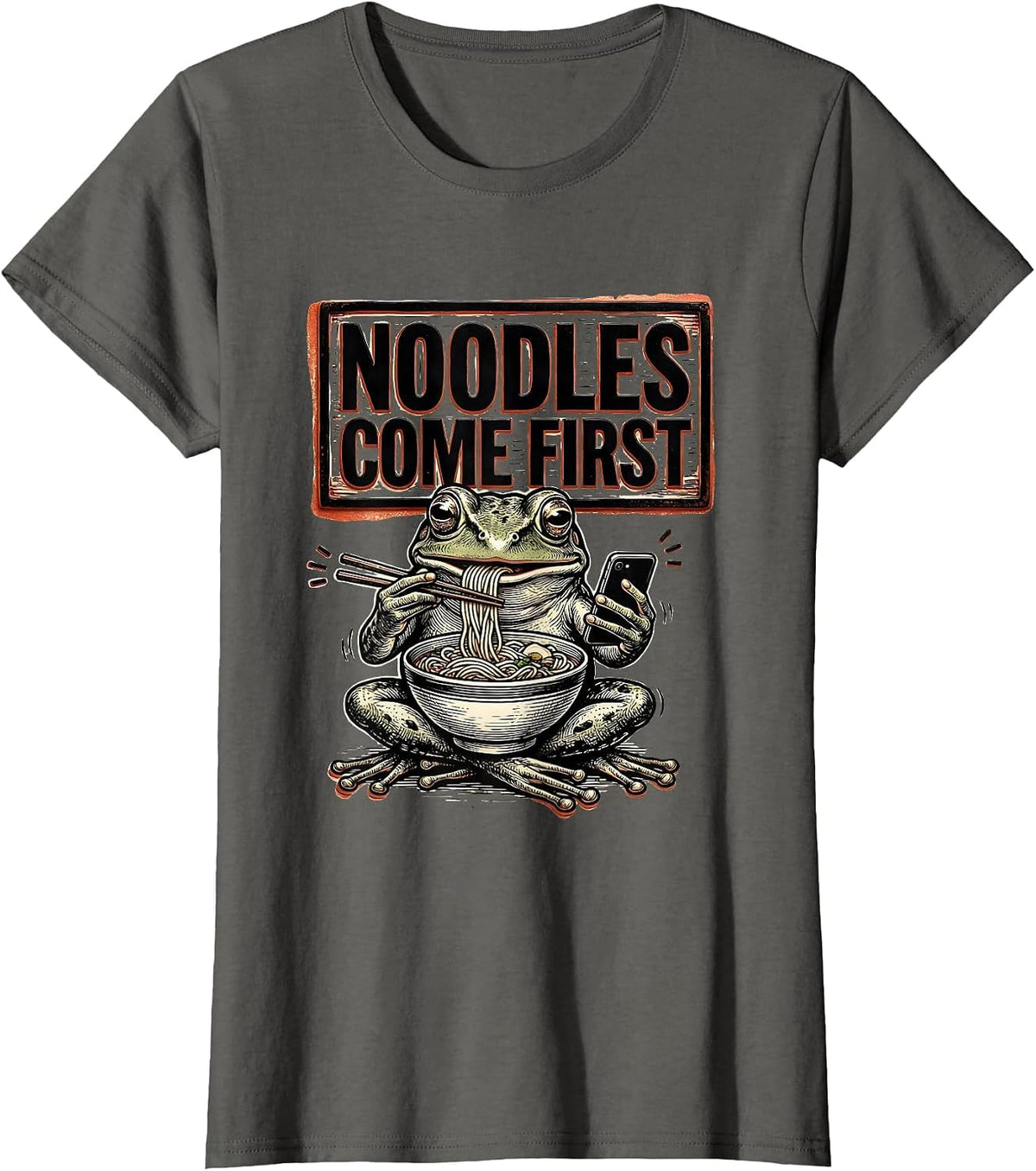Women's Noodles Come First Funny Grumpy Frog Japanese Art Ramen T-Shirt - Asphalt Grey