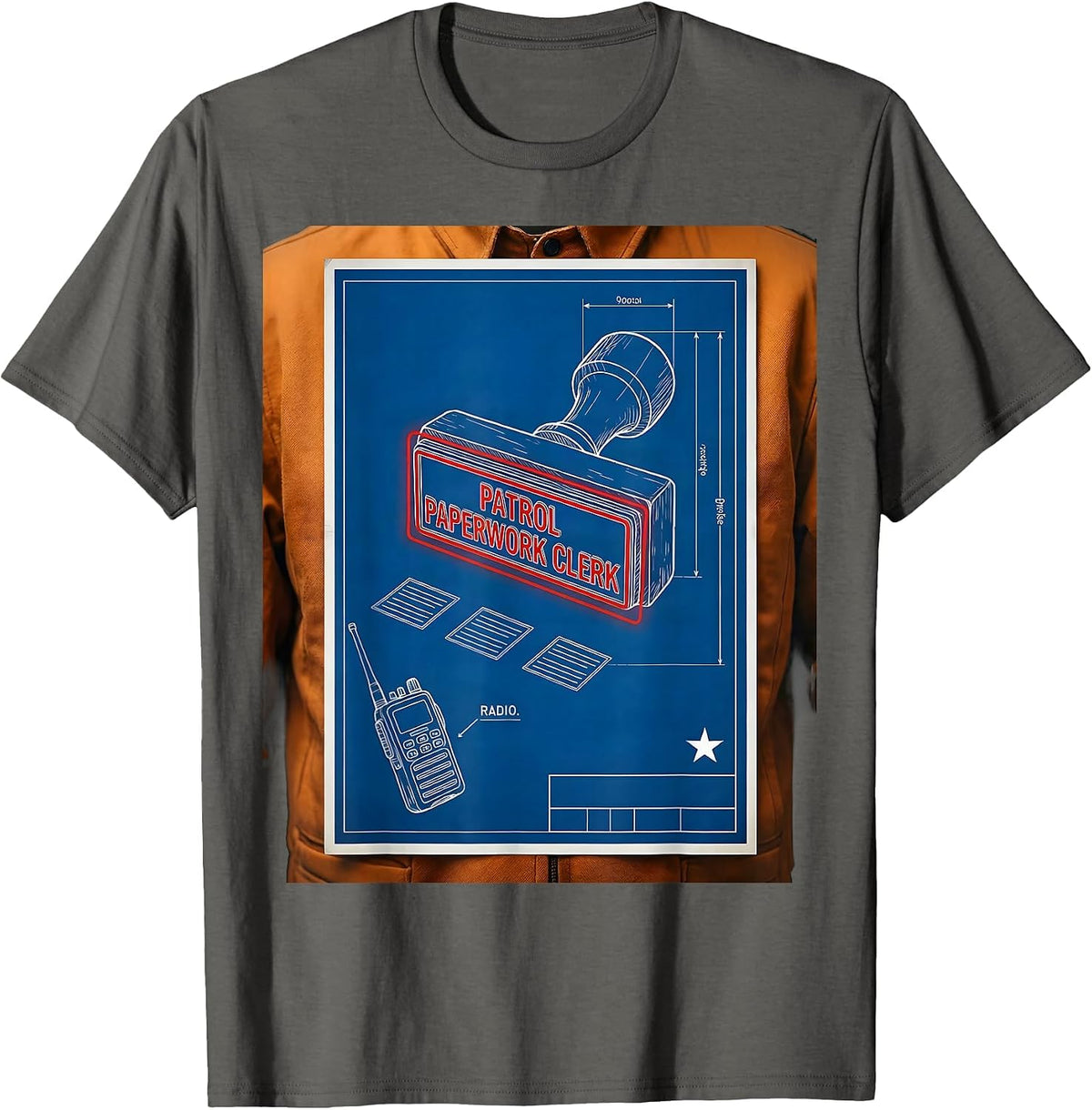 Patrol Paperwork Clerk Technical Blueprint Funny Police T-Shirt - Asphalt Grey