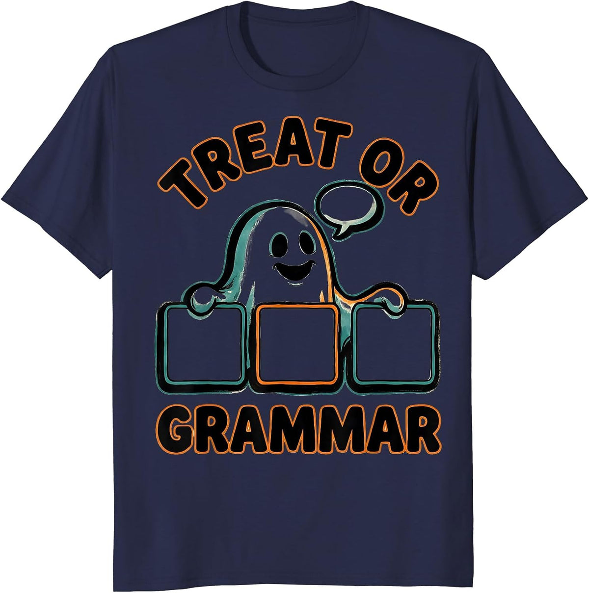 Men's Treat Or Grammar Cartoon Ghost Halloween SLP Teacher T-Shirt - Navy Blue