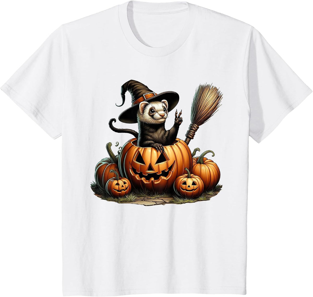 Funny Ferret Witch Pumpkin Halloween Mens Womens Kids T-Shirt - White
