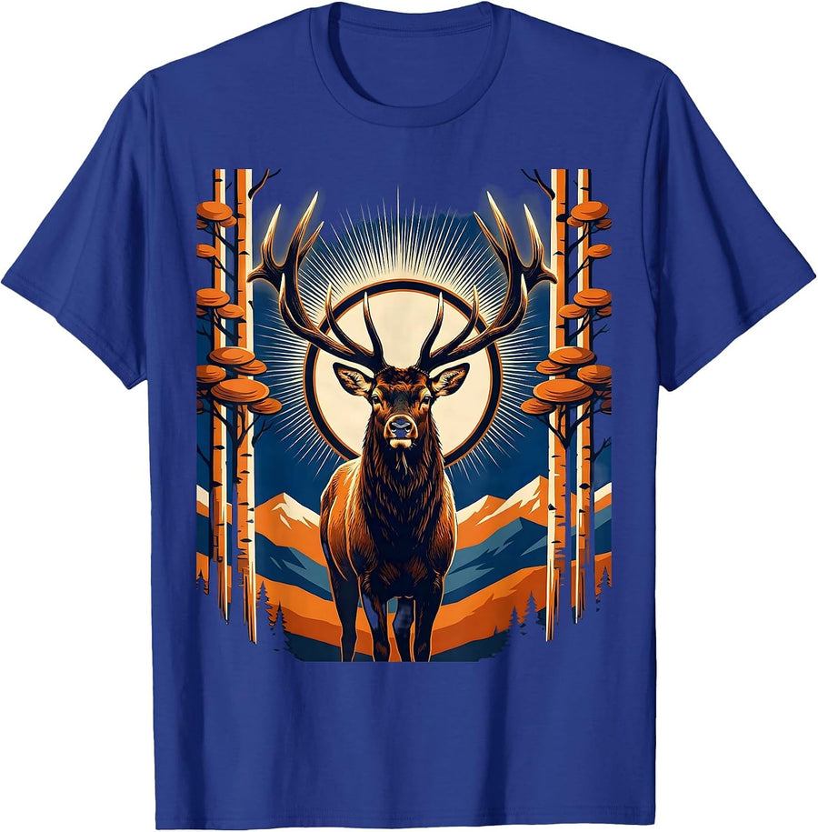 Colorado Elk in Autumn Aspen Grove Illustration T-Shirt - Royal Blue