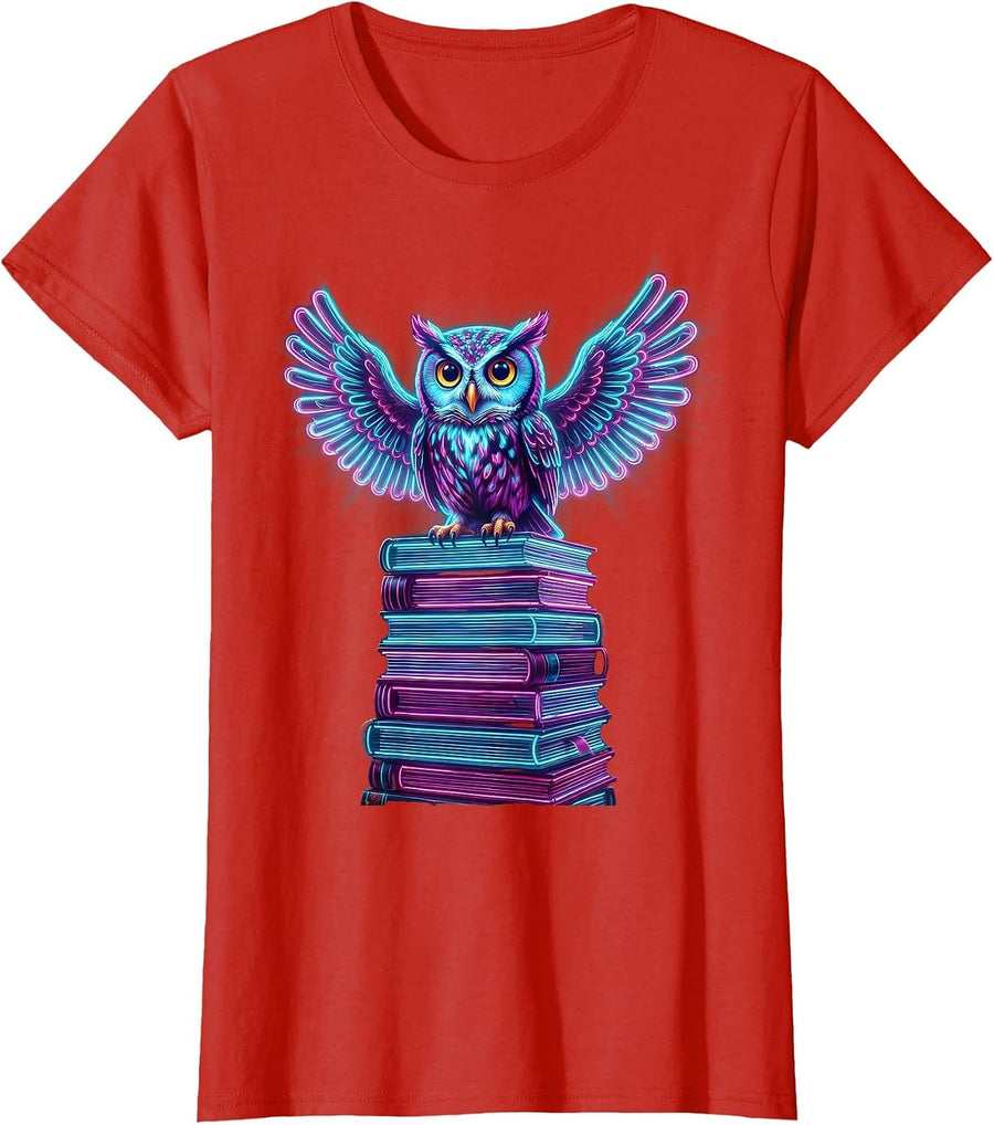 Women's Wise Owl Perched on Towering Stack of Books T-Shirt - Red