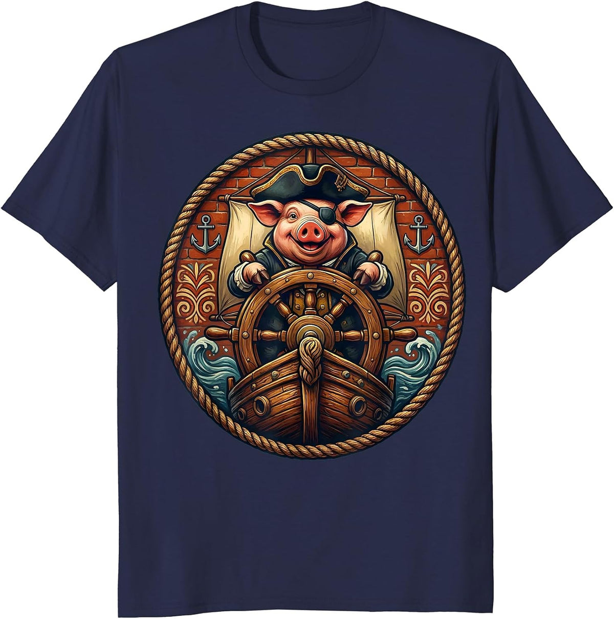 Pig Pirate Captain Steering Old Wooden Ship T-Shirt - Navy Blue