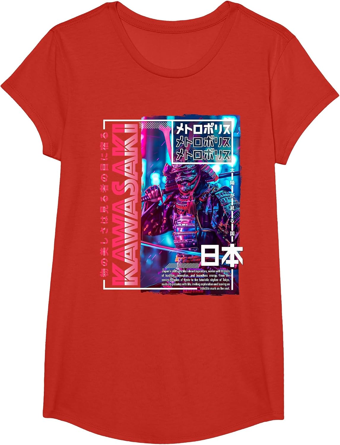 Kawasaki City 80s Synthwave Samurai Japan Kawasaki T-Shirt - Girls Red
