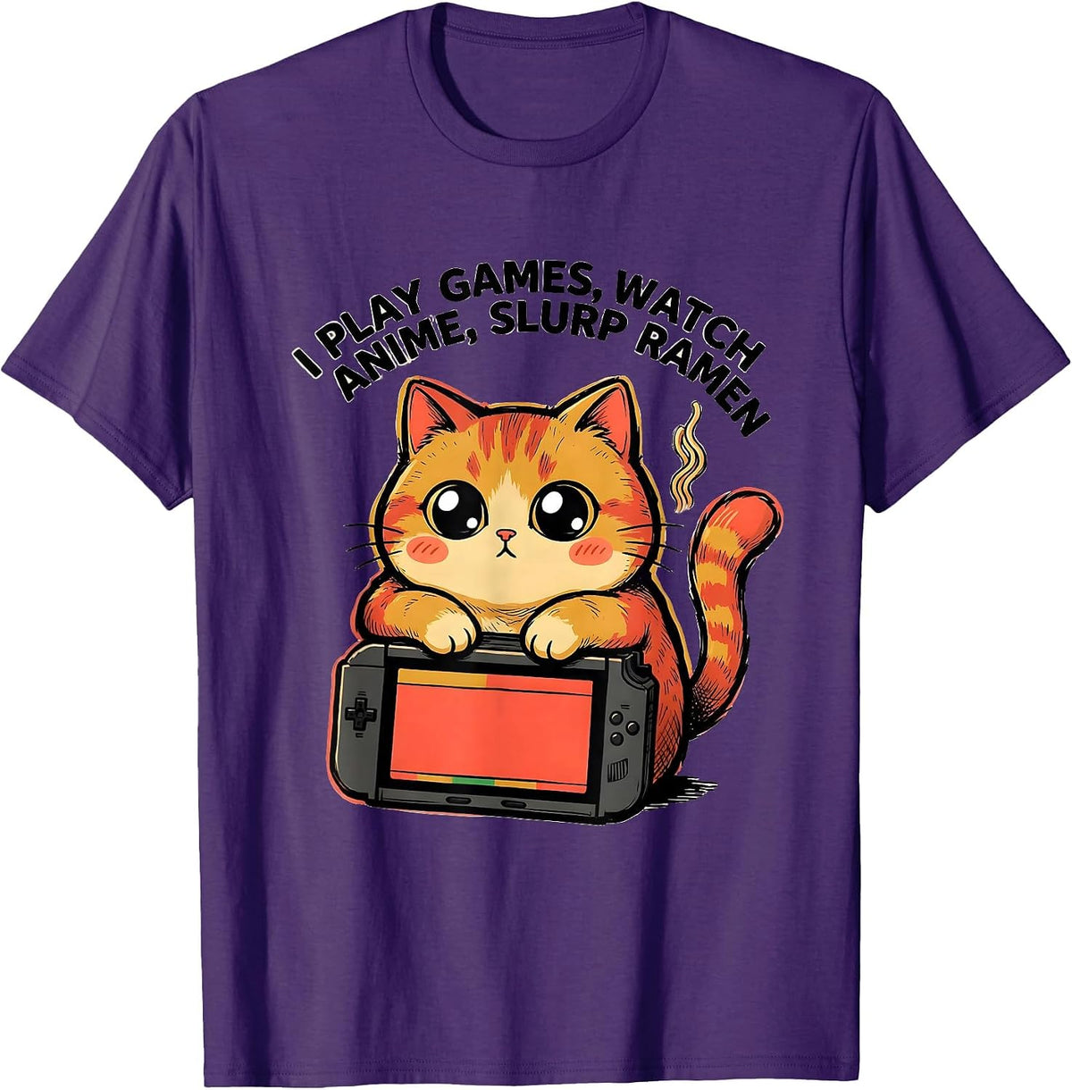 Men's I Play Games, Watch Anime, Slurp Ramen Funny Kawaii Cat T-Shirt - Purple