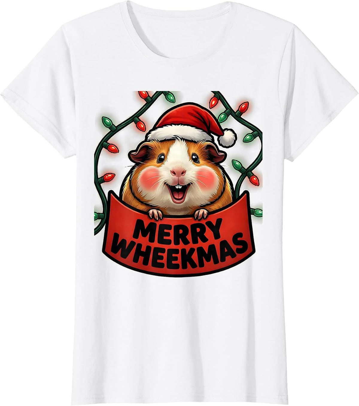 Merry Wheekmas Cartoon Guinea Pig Santa Hat Pet Lover T-Shirt - White
