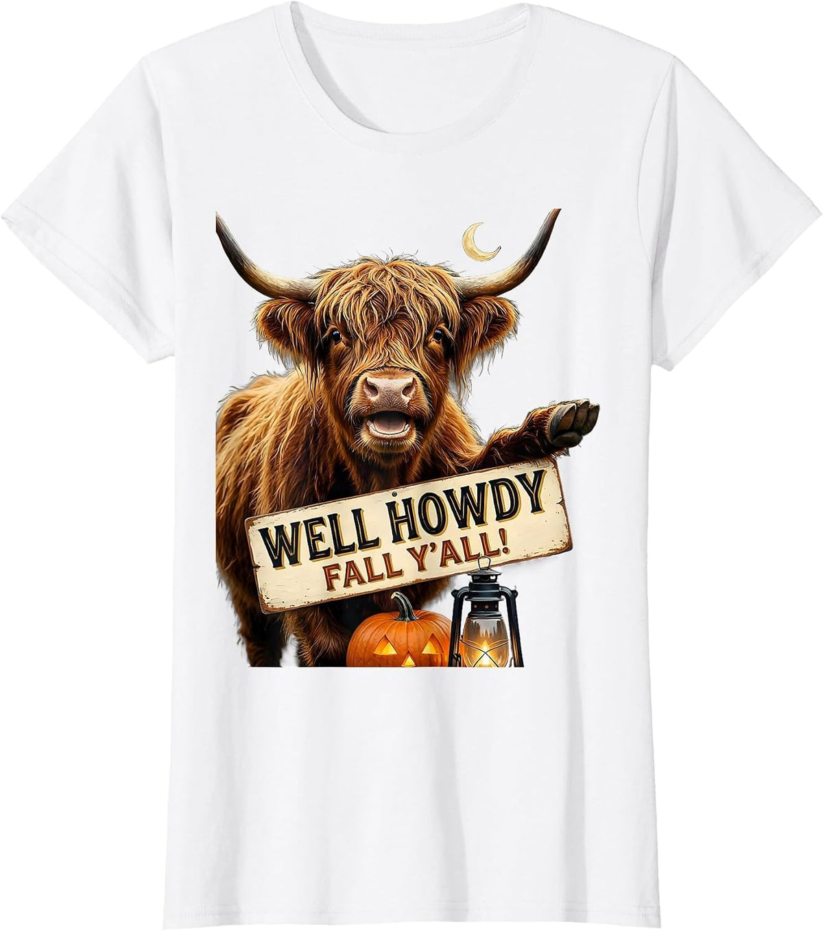 Women's Well Howdy, Fall Y'all! Whimsical Highland Cow Halloween T-Shirt - White
