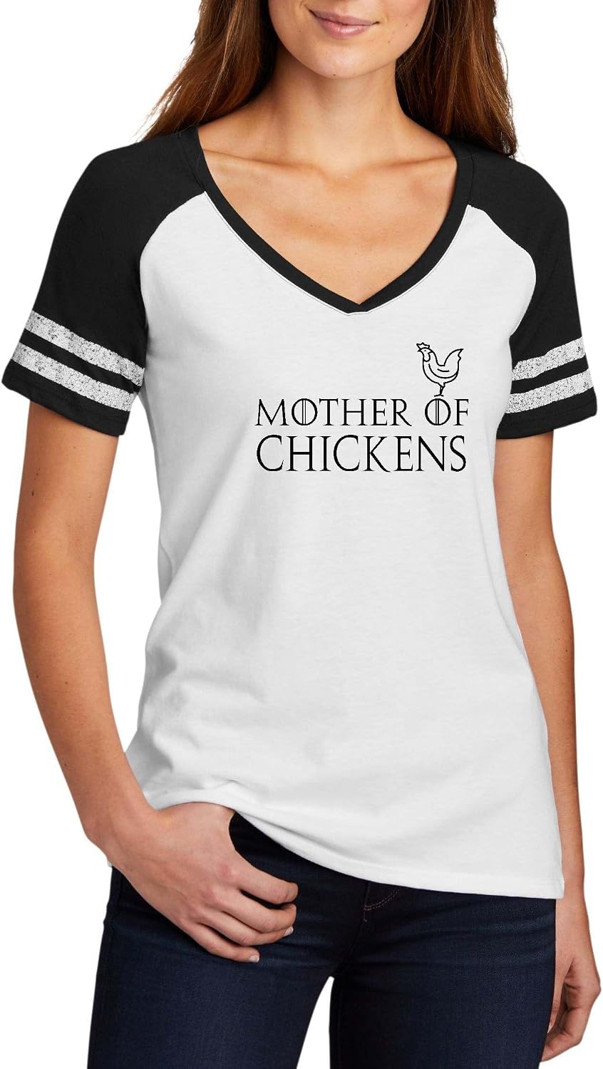 Mother of Chickens Chicken Graphic Top Ladies Game Day V-Neck Tee - Ladies V-Neck White\/Black