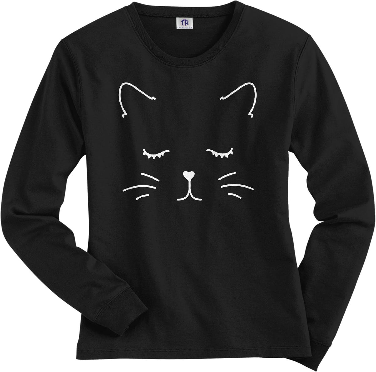 Threadrock Women's White Kitty Cat Face Long Sleeve T-Shirt - Black