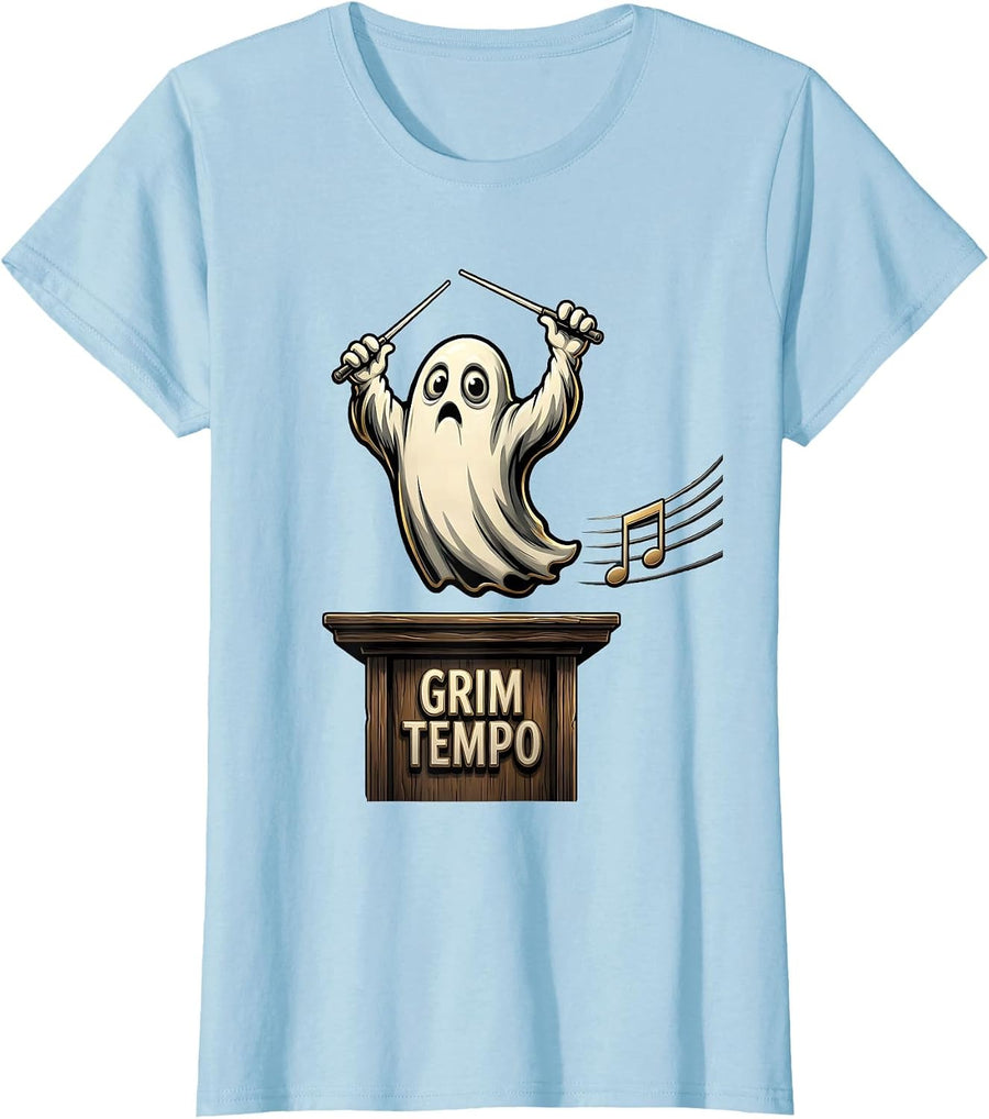 Women's Grim Tempo Cartoon Ghost Music Teacher Halloween Humor T-Shirt - Baby Blue