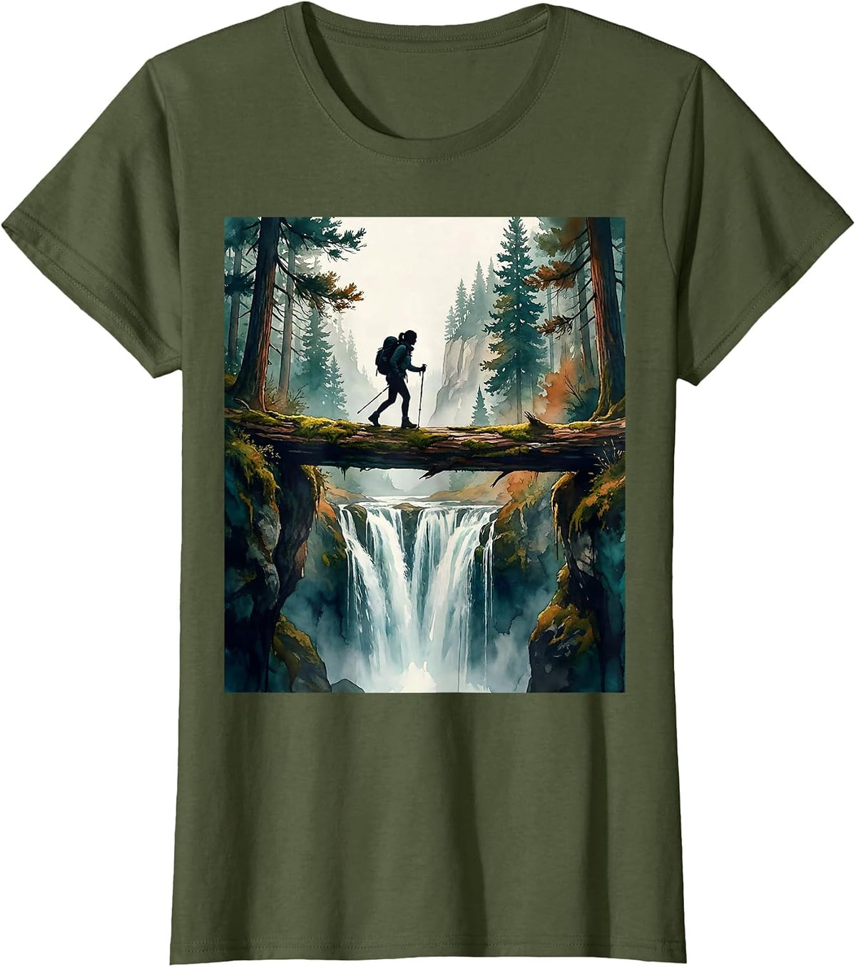 Women's Hiker Crossing Log Bridge Over Waterfall T-Shirt - Olive Green
