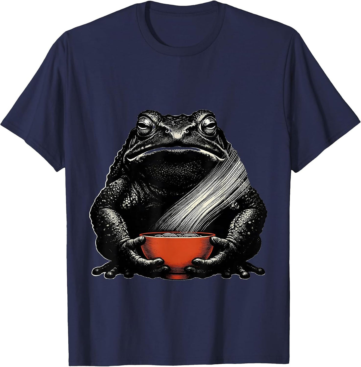 Grumpy Frog Ramen Bowl Scratchboard Ink-Art Humor T-Shirt - Navy Blue