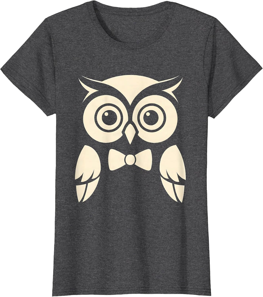 Women's Wise Owl Professor Tiny Bow Tie Illustration T-Shirt - Dark Heather Grey