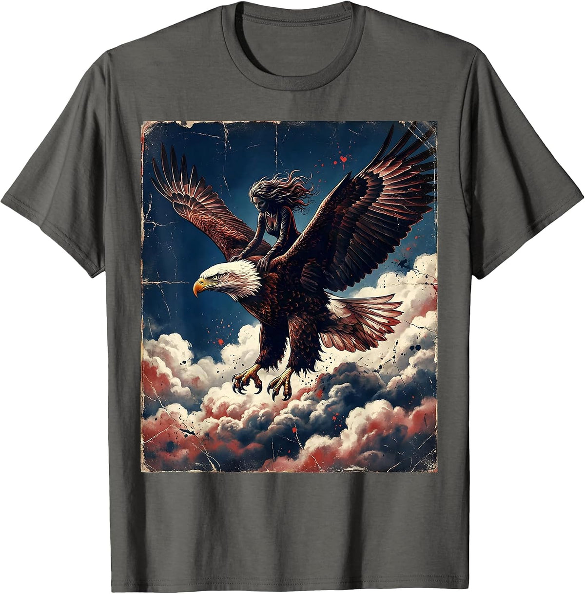Red White and Blue Bald Eagle Rider Over Clouds T-Shirt - Asphalt Grey