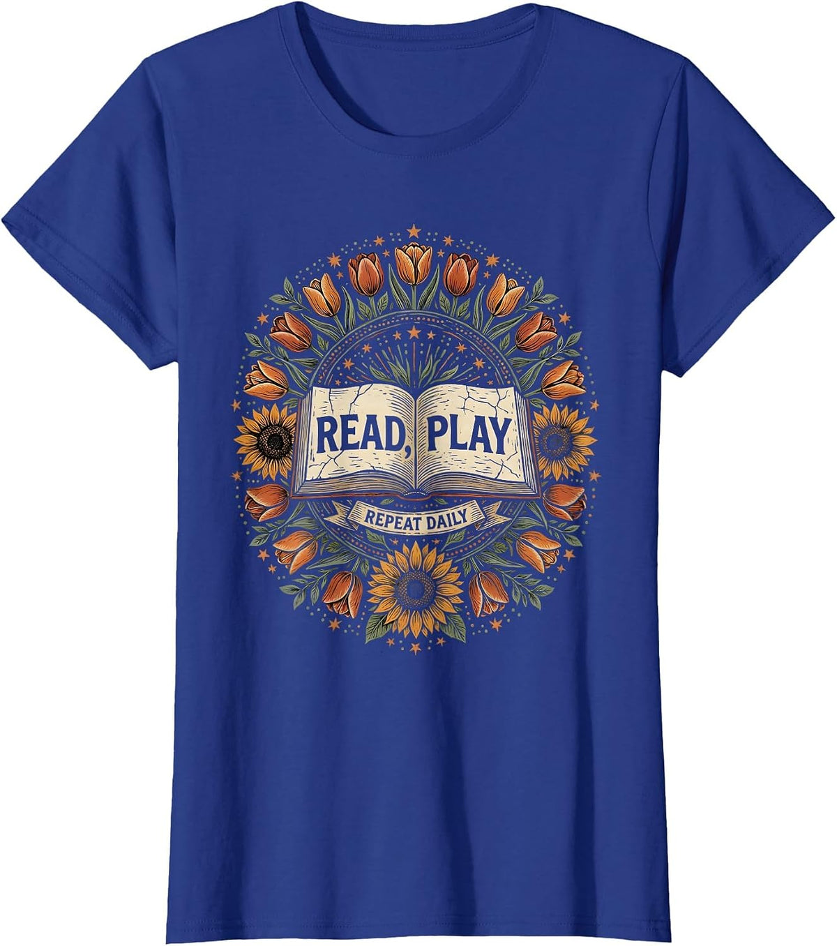 Women's Read Play Repeat Daily Preschool Teacher Design T-Shirt - Royal Blue