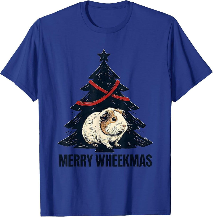 Merry Wheekmas Linocut Guinea Pig Christmas Pet Lover Humor T-Shirt - Royal Blue