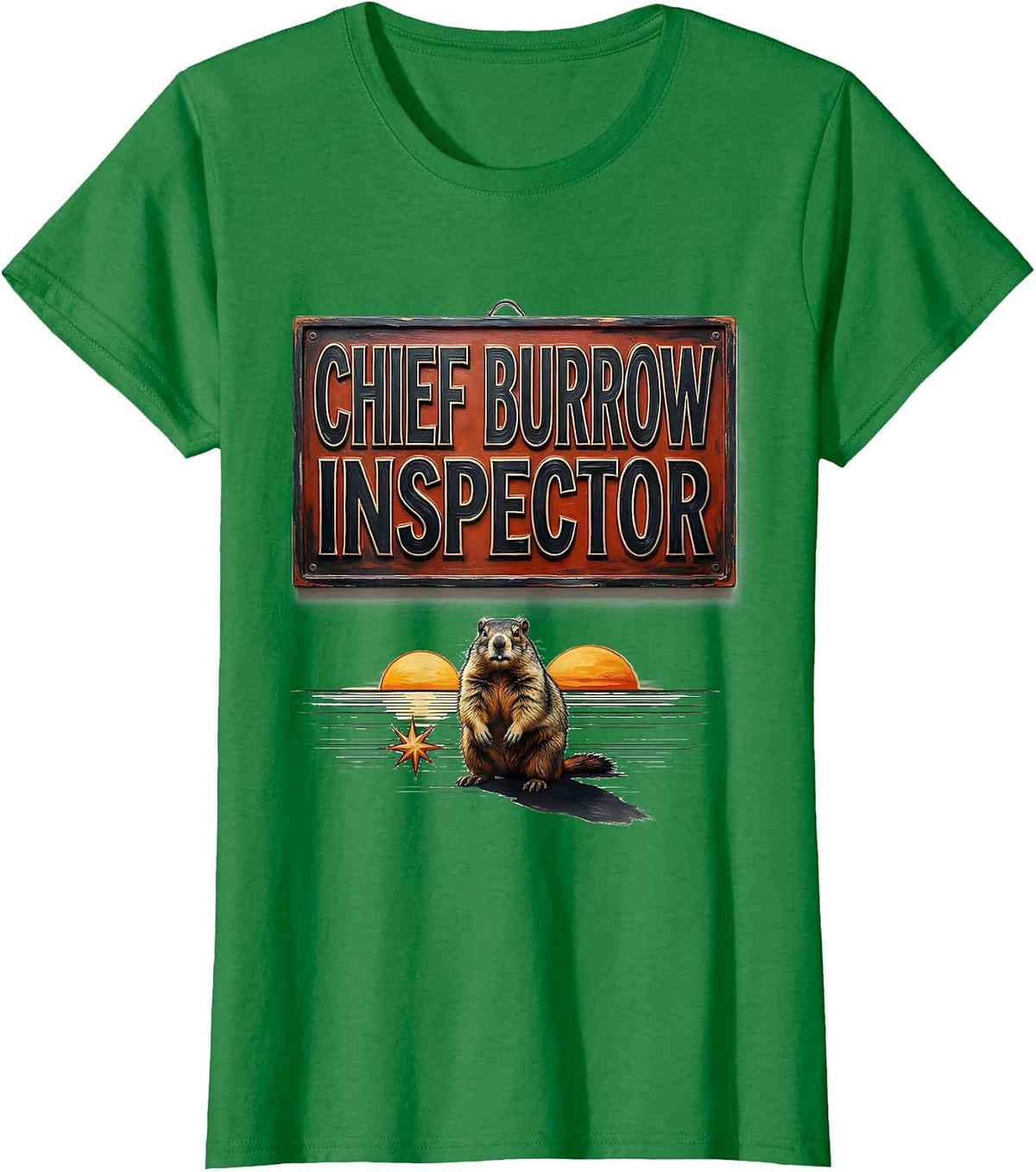 Women's Chief Burrow Inspector Funny Groundhog Day Vintage Badge T-Shirt - Kelly Green