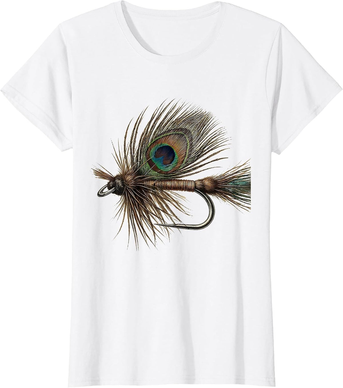 Feather Fly Fishing Hook Illustration T-Shirt - White