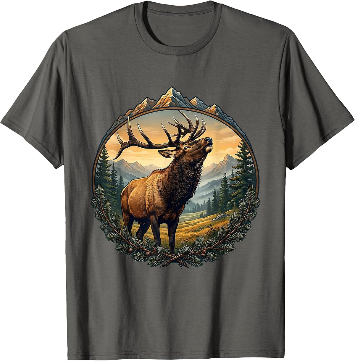 Rocky Mountain Elk Bugling Alpine Meadow Art T-Shirt - Asphalt Grey