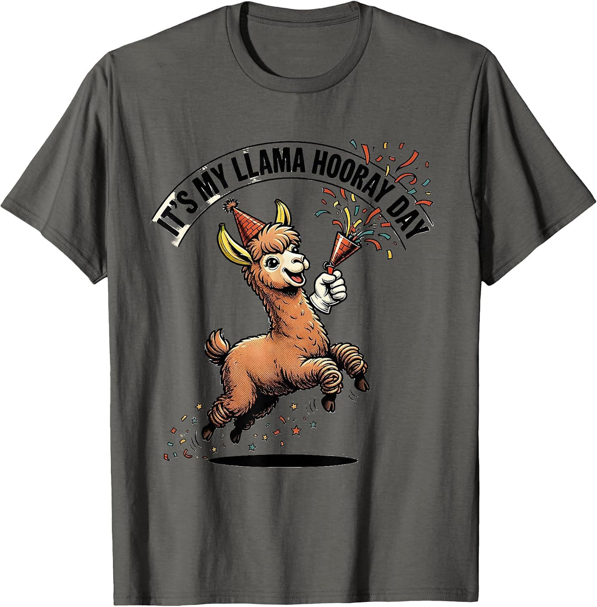 Men's It's My Llama Hooray Day Retro Cartoon Funny Alpaca Humor T-Shirt - Asphalt Grey