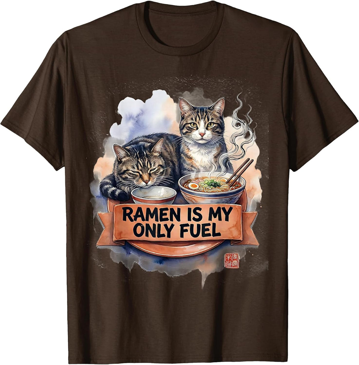 Men's Ramen Is My Only Fuel Funny Cat Anime Japanese Kawaii Gift T-Shirt - Brown