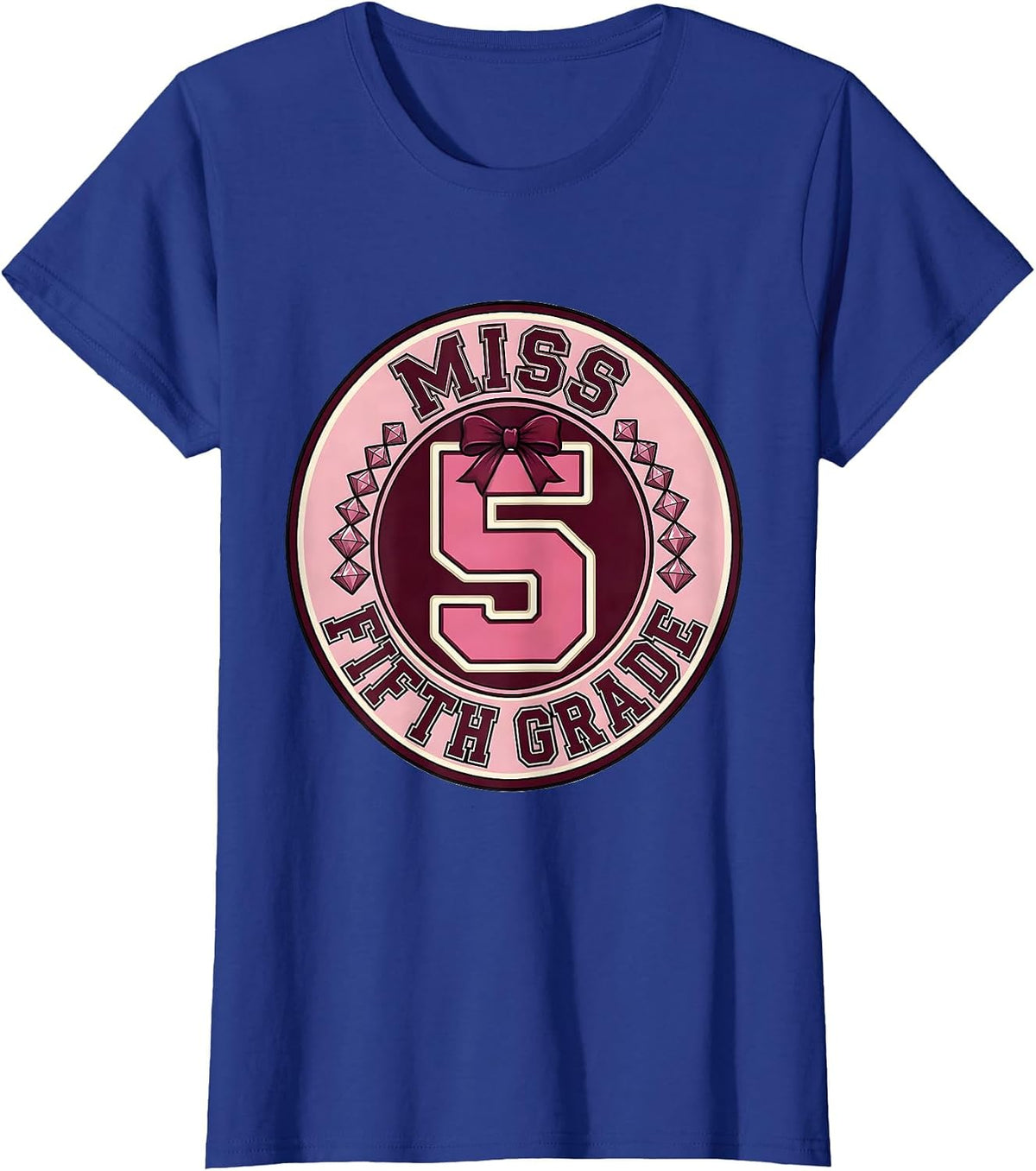 Women's Miss Fifth Grade Sparkle Varsity Coquette Bow Back To School T-Shirt - Royal Blue