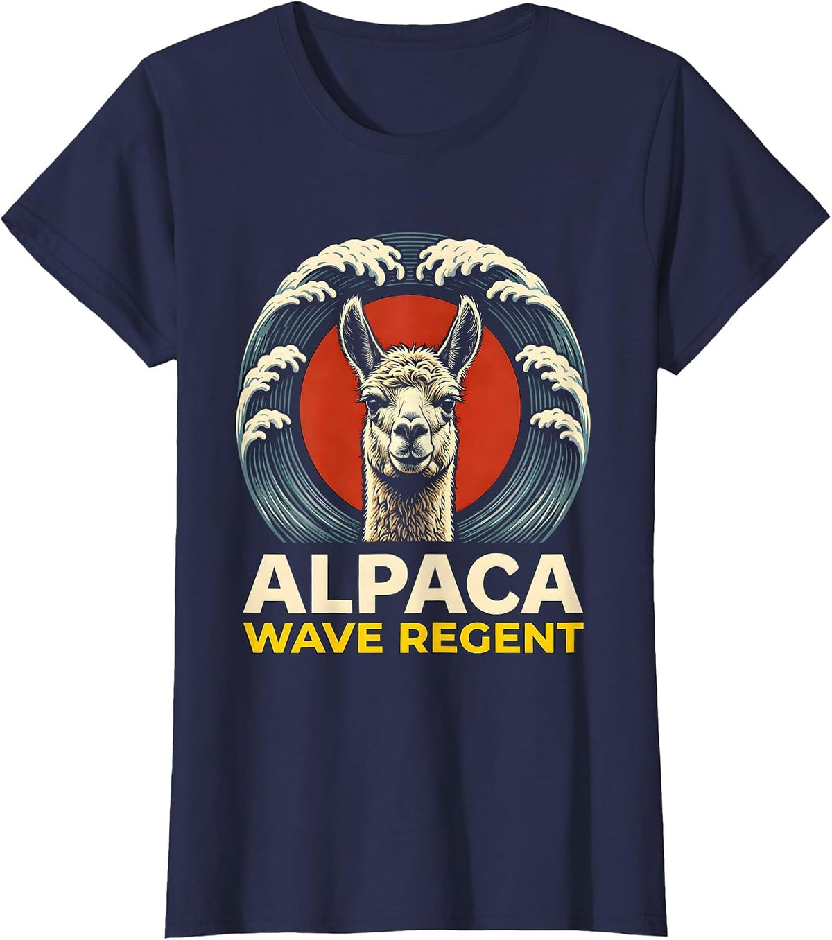 Women's Alpaca Wave Regent Stencil Graphic Funny Animal Lover Pet T-Shirt - Navy Blue