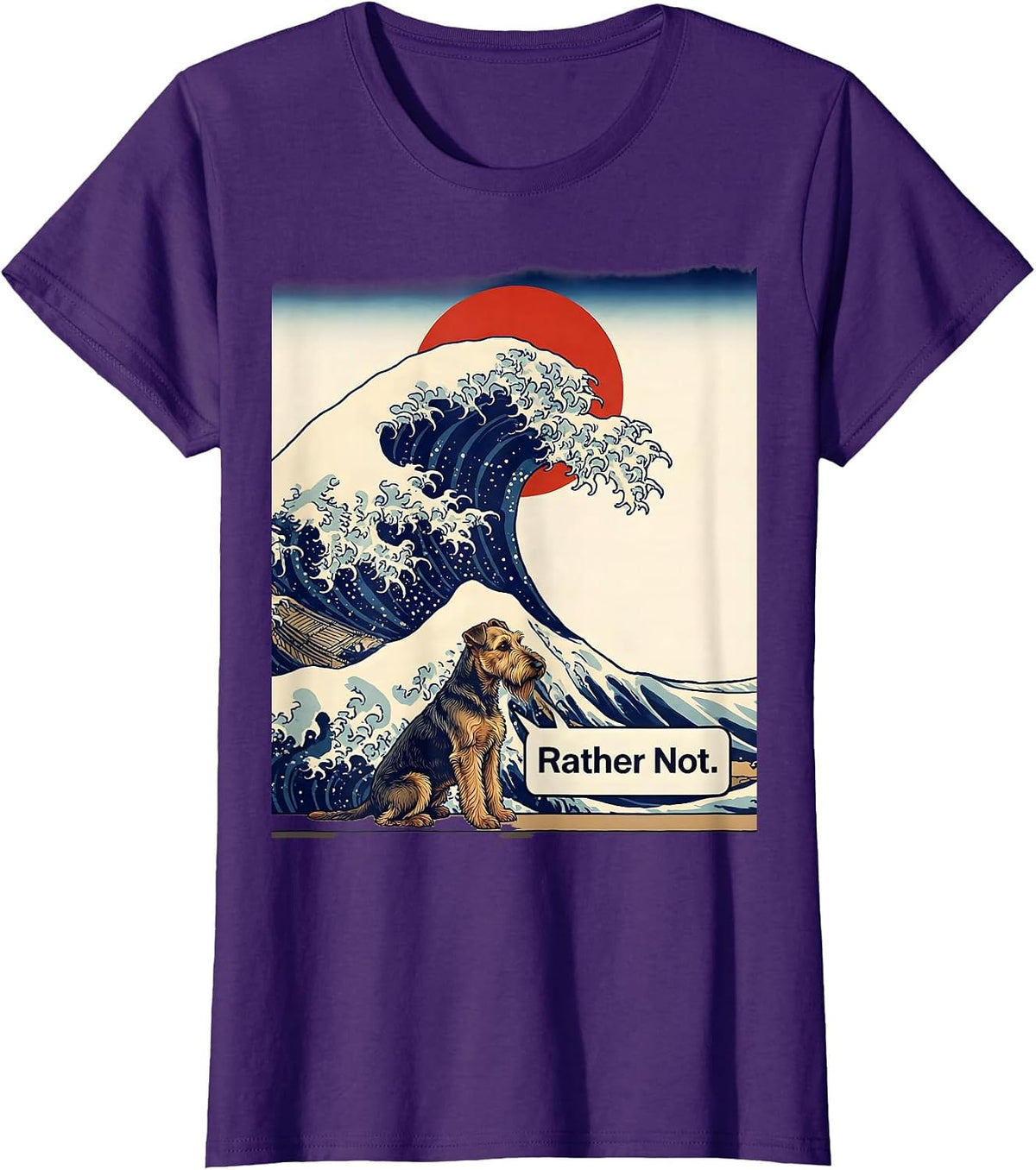 Women's Rather Not Ukiyo-e Airedale Terrier Surfing Great Wave T-Shirt - Purple