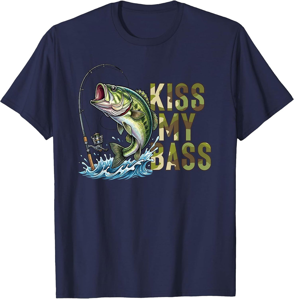 Funny Kiss My-Bass Camo Fishing Lover Bass Fisher Women Men T-Shirt - Navy Blue