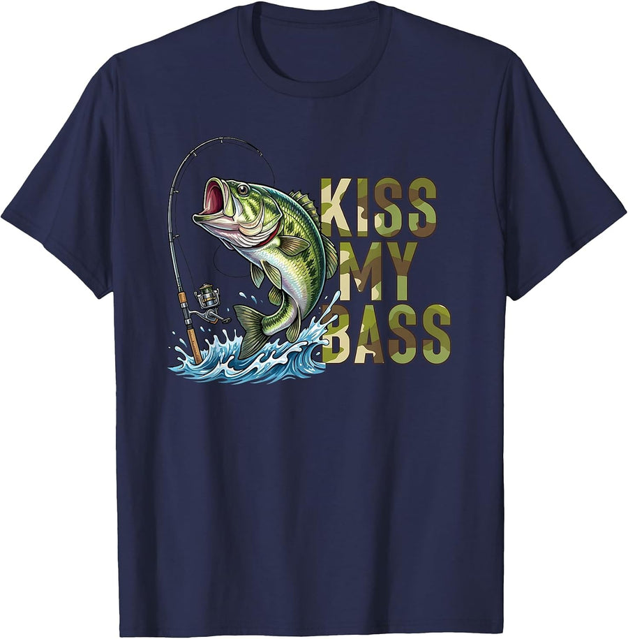 Funny Kiss My-Bass Camo Fishing Lover Bass Fisher Women Men T-Shirt - Navy Blue