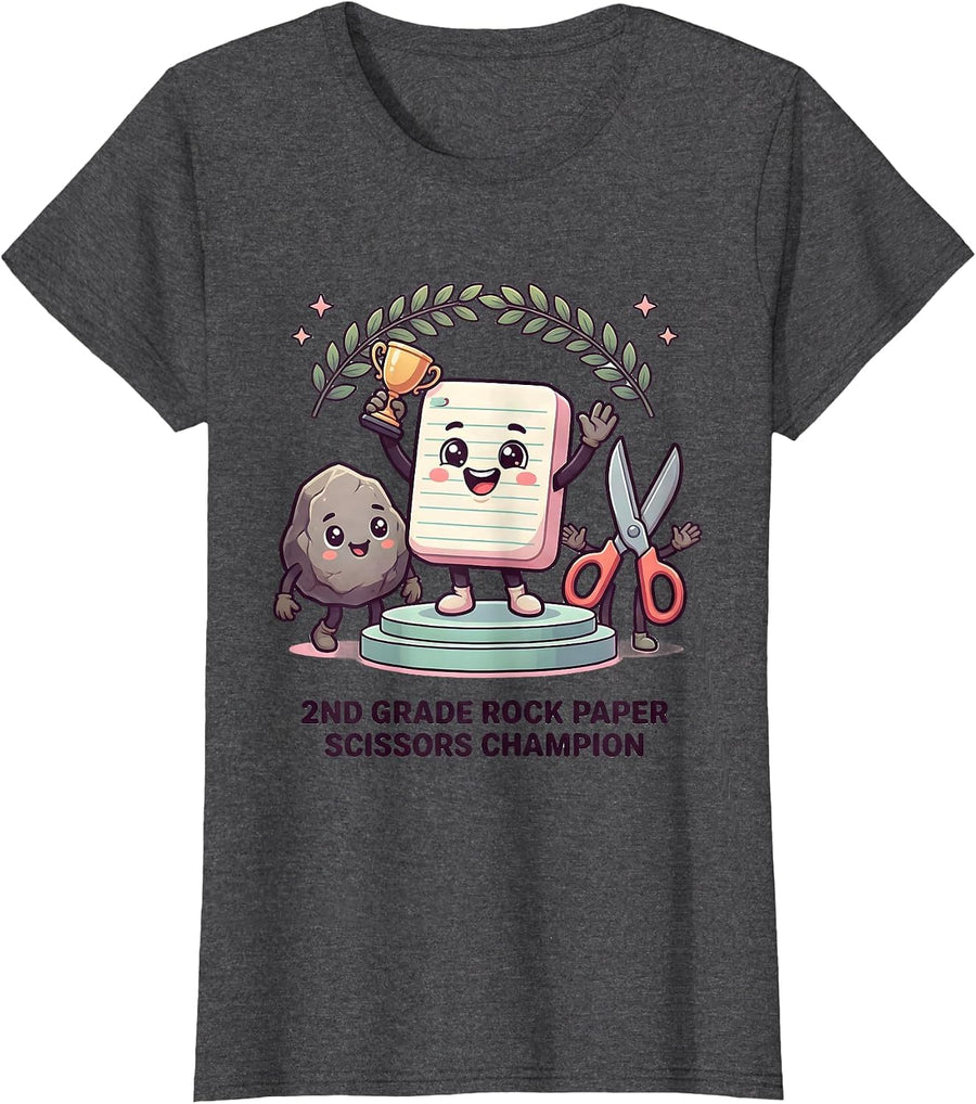 2nd Grade Rock Paper Scissors Champion Cute Kawaii Back T-Shirt, Women, Dark Heather Grey, XX-Large - As Pictured