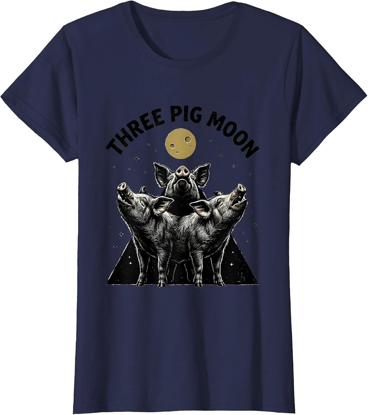 Women's Three Pig Moon Funny Pig Lover Halloween Meme Parody T-Shirt - Navy Blue