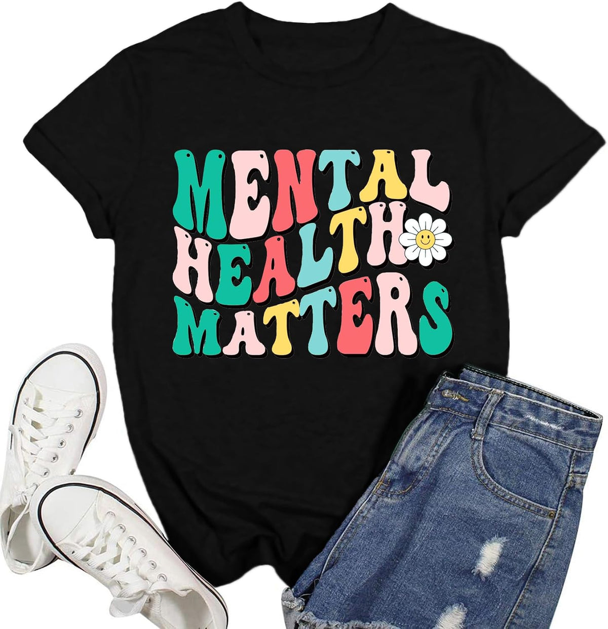 Mental Health Matters Shirts for Women Mental Health Awareness T-Shirt Inspirational Therapist Tops - Black