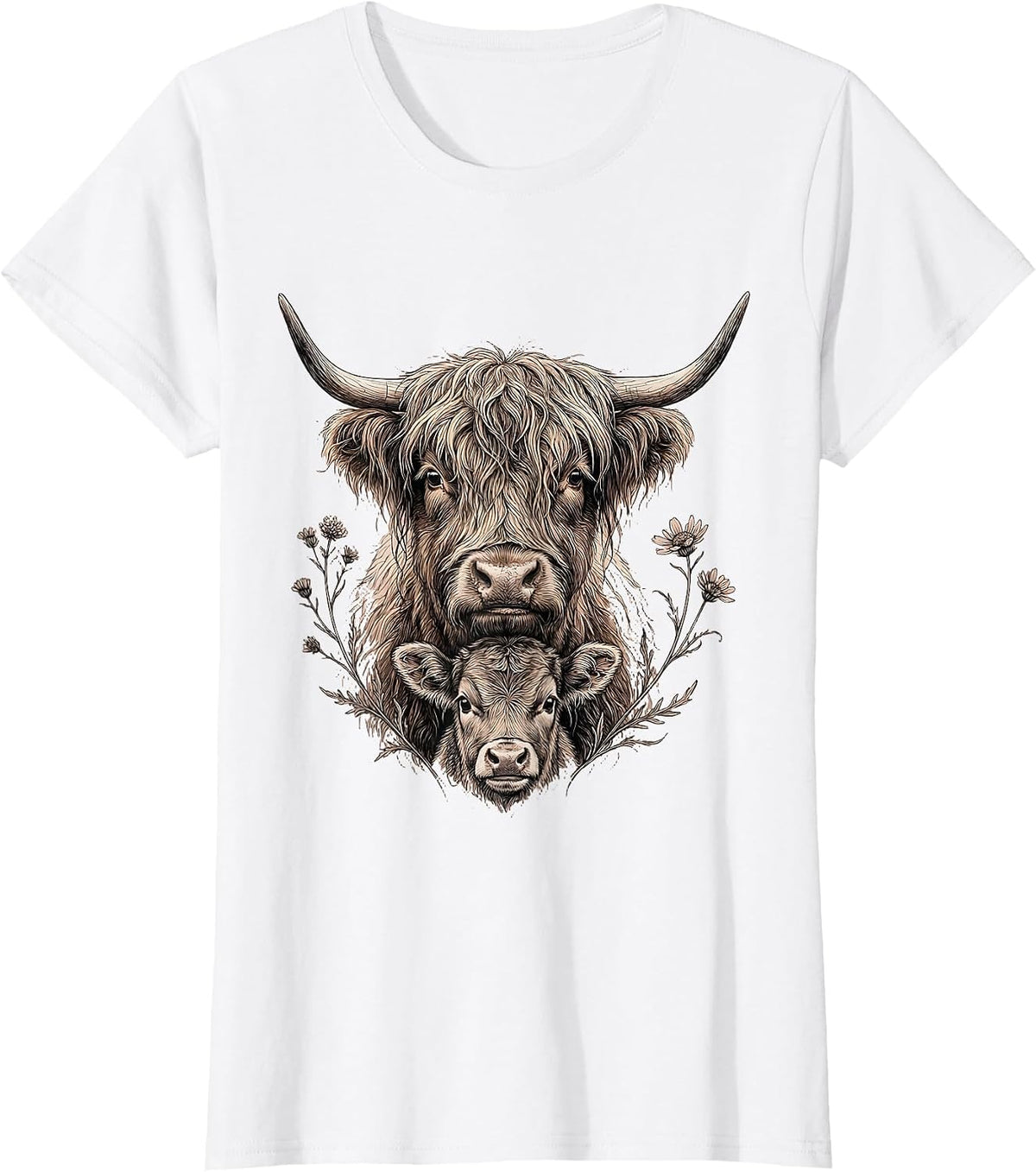 Baby Highland Cow Hiding Behind Mother Graphic T-Shirt - White