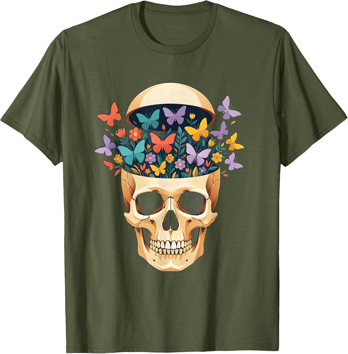 Colorful Butterfly Mind Open Skull Garden Art T-Shirt - Olive Green