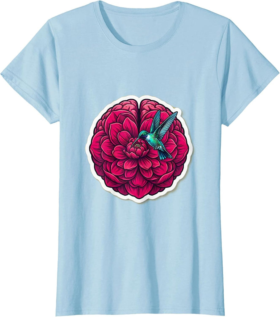 Women's Hummingbird Brain Flower Neurodivergent Art T-Shirt - Baby Blue