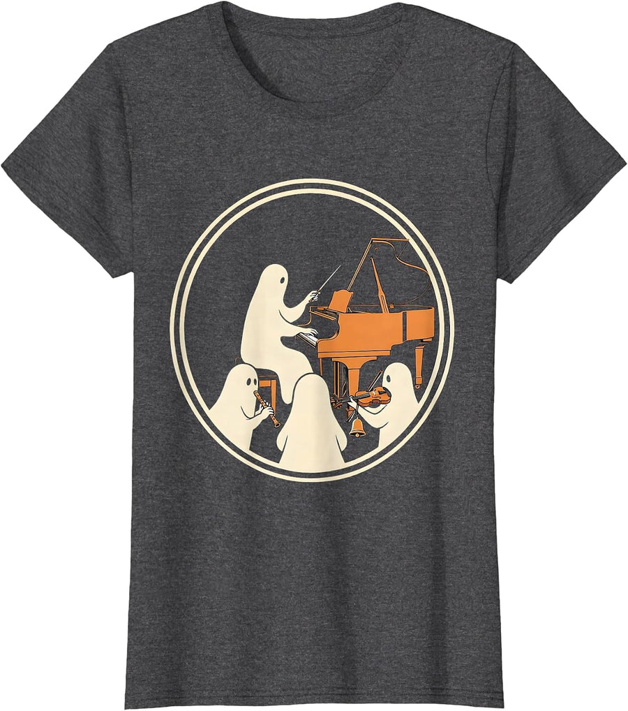 Women's Teacher Ghost Band Minimalist Music Halloween Humor T-Shirt - Dark Heather Grey
