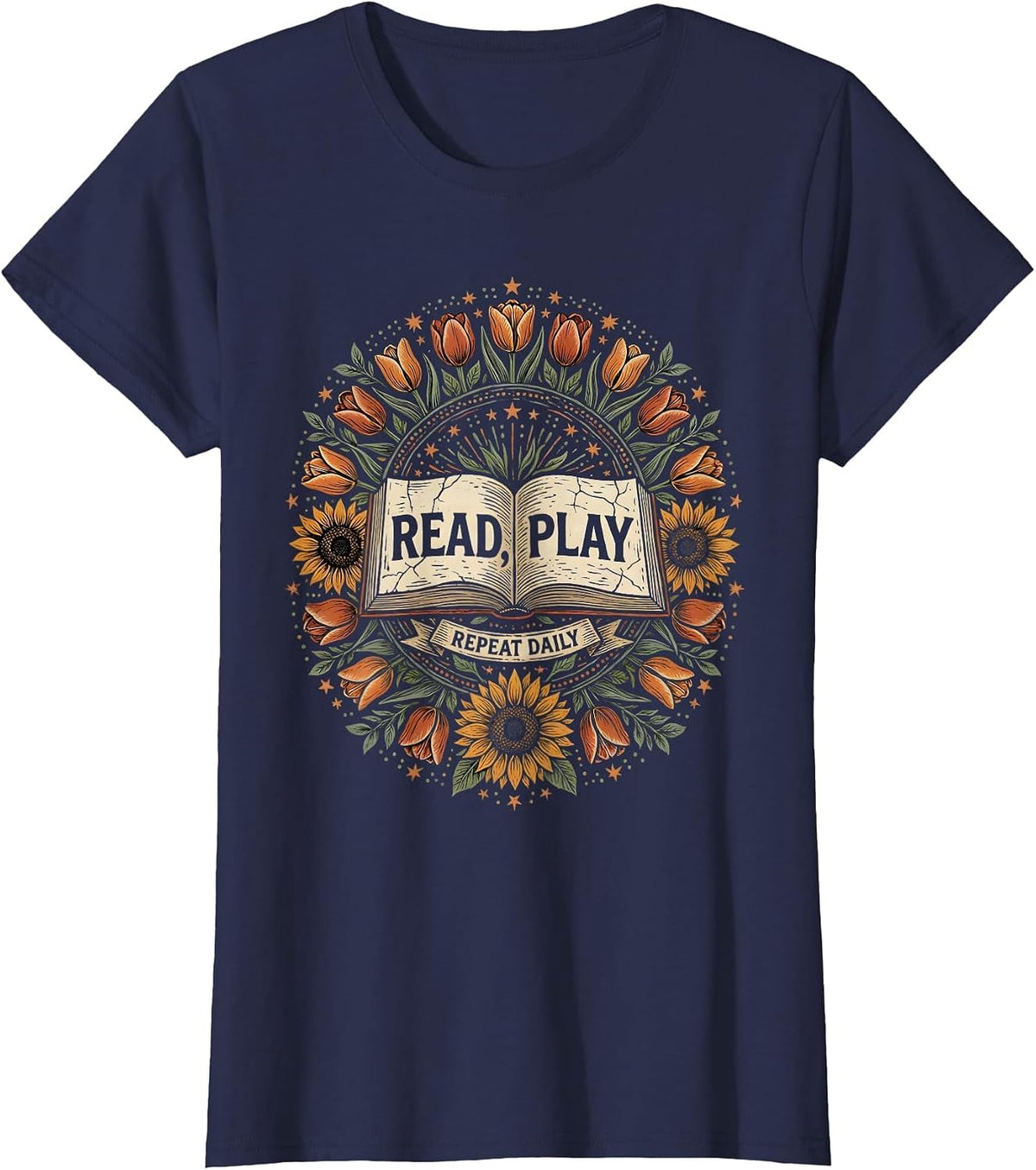 Women's Read Play Repeat Daily Preschool Teacher Design T-Shirt - Navy Blue