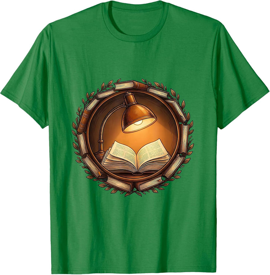 Men's Reading Lamp and Open Book Illustration T-Shirt - Kelly Green