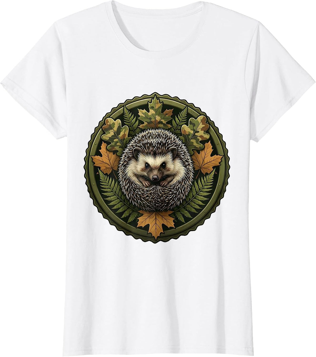 Camo Hedgehog Curled in Leaf Pile Kids Design T-Shirt - White