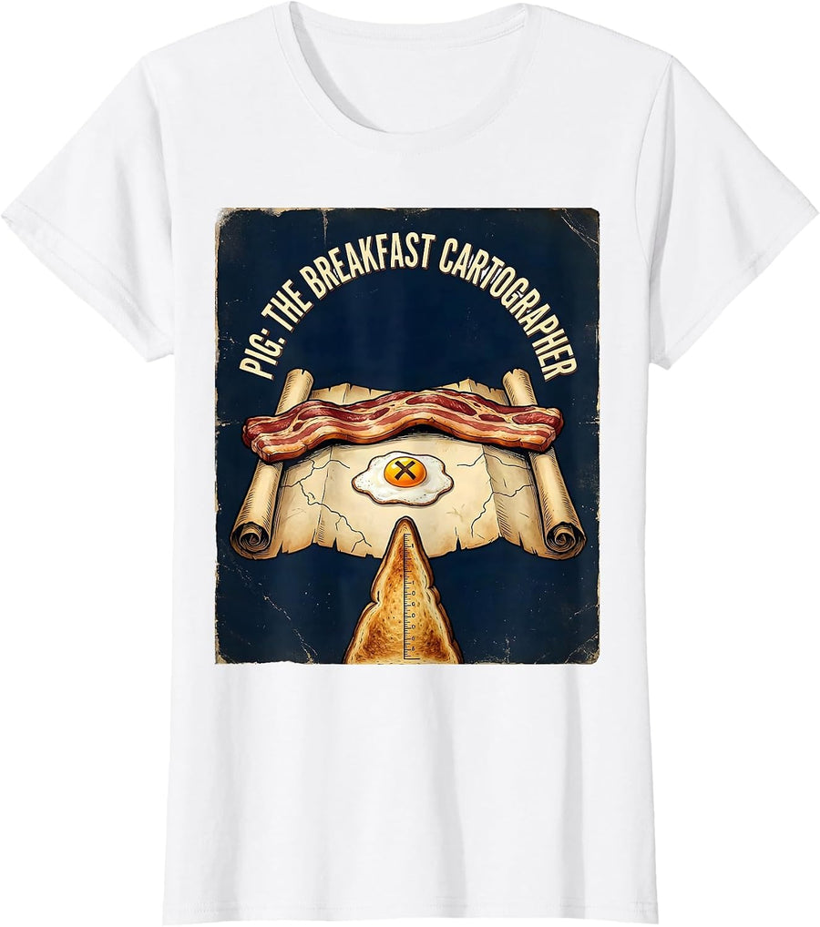 Women's Pig: The Breakfast Cartographer Vintage Funny Bacon Lover T-Shirt - White