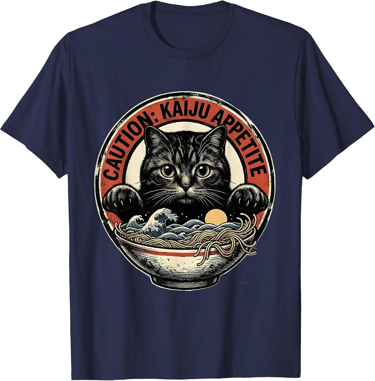 Caution: Kaiju Appetite Playful Japanese Cat Anime Ramen Art T-Shirt - Navy Blue