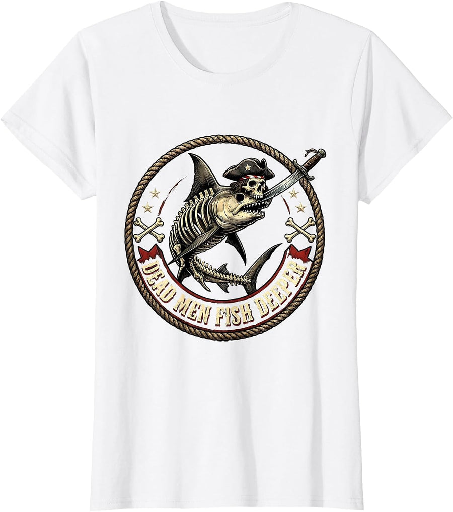 Women's Halloween Pirate Swordfish Skeleton Design T-Shirt - White