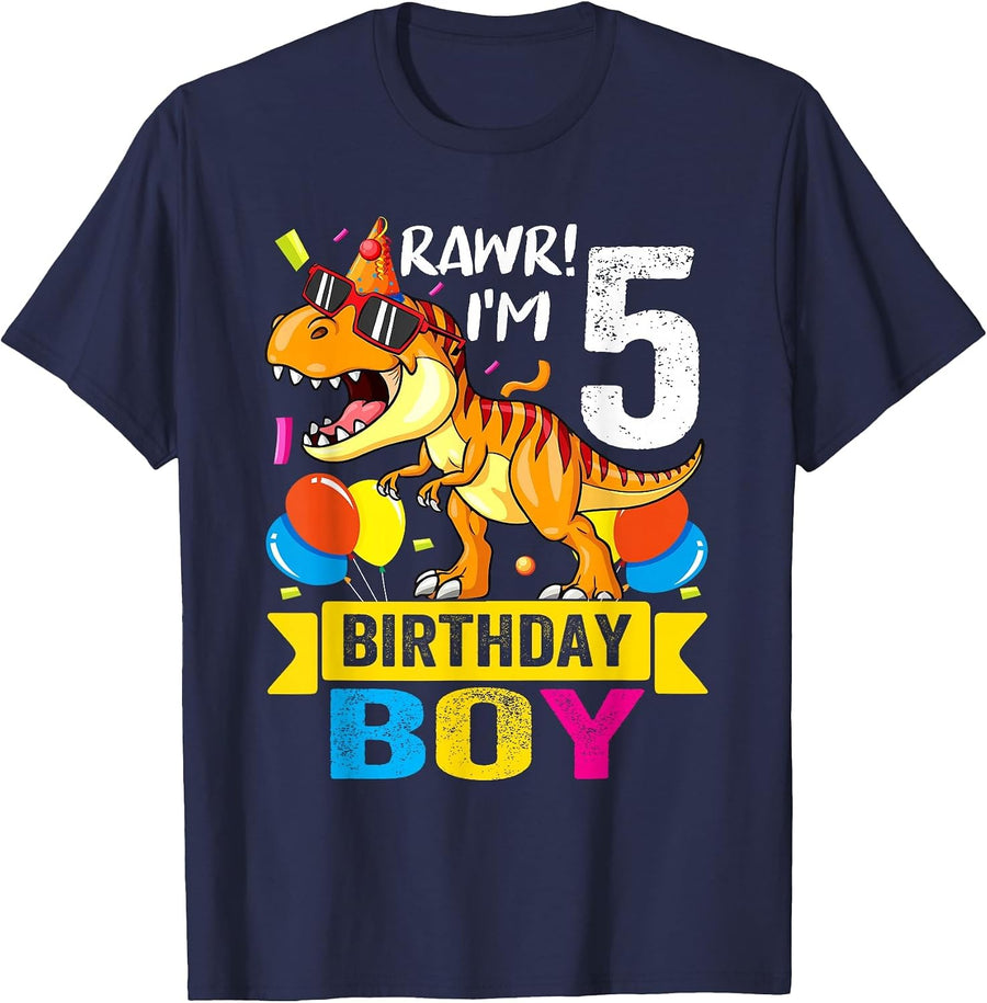 Rawr I'm 5th Birthday Boy Dinosaur T rex 5 Year Old Kids T-Shirt - Navy Blue