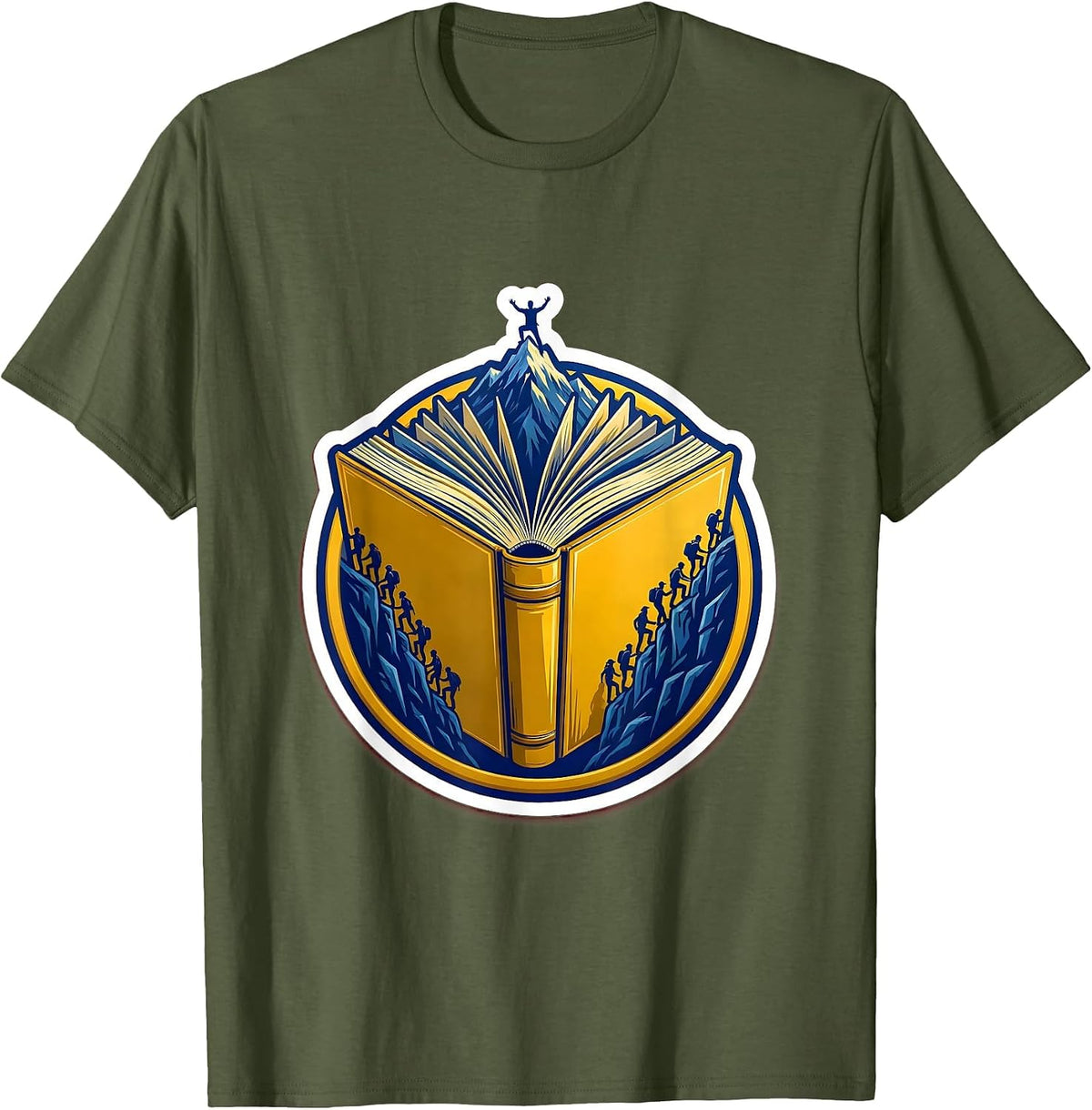 Men's Open Book Tiny People Climbing Pages Teacher Tee T-Shirt - Olive Green