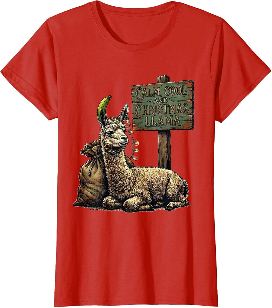 Women's Calm Cool And Christmas Llama Vintage Funny Llama Lover Gift T-Shirt - Red