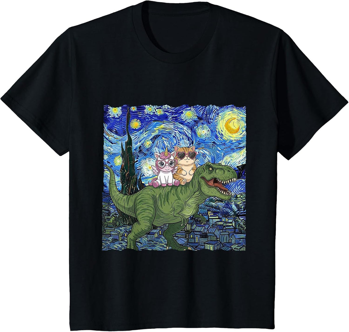 Cat Unicorn Riding Dinosaur T rex Kitten Lover Starry Night T-Shirt - Black