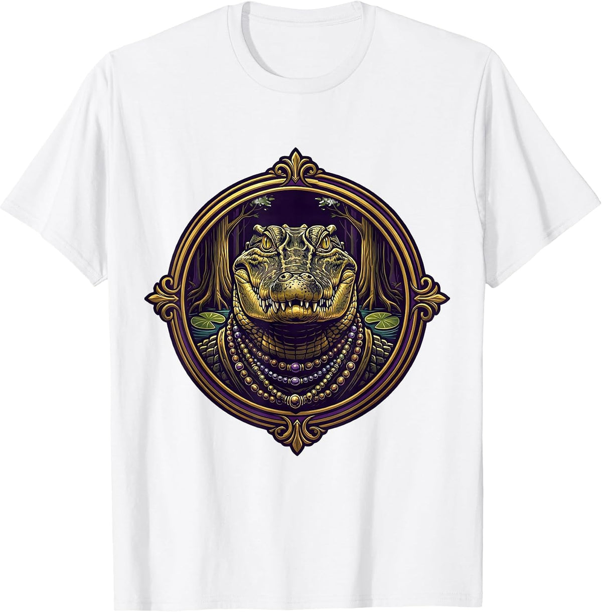 Men's Mardi Gras Alligator Beaded Necklaces Swamp Design T-Shirt - White