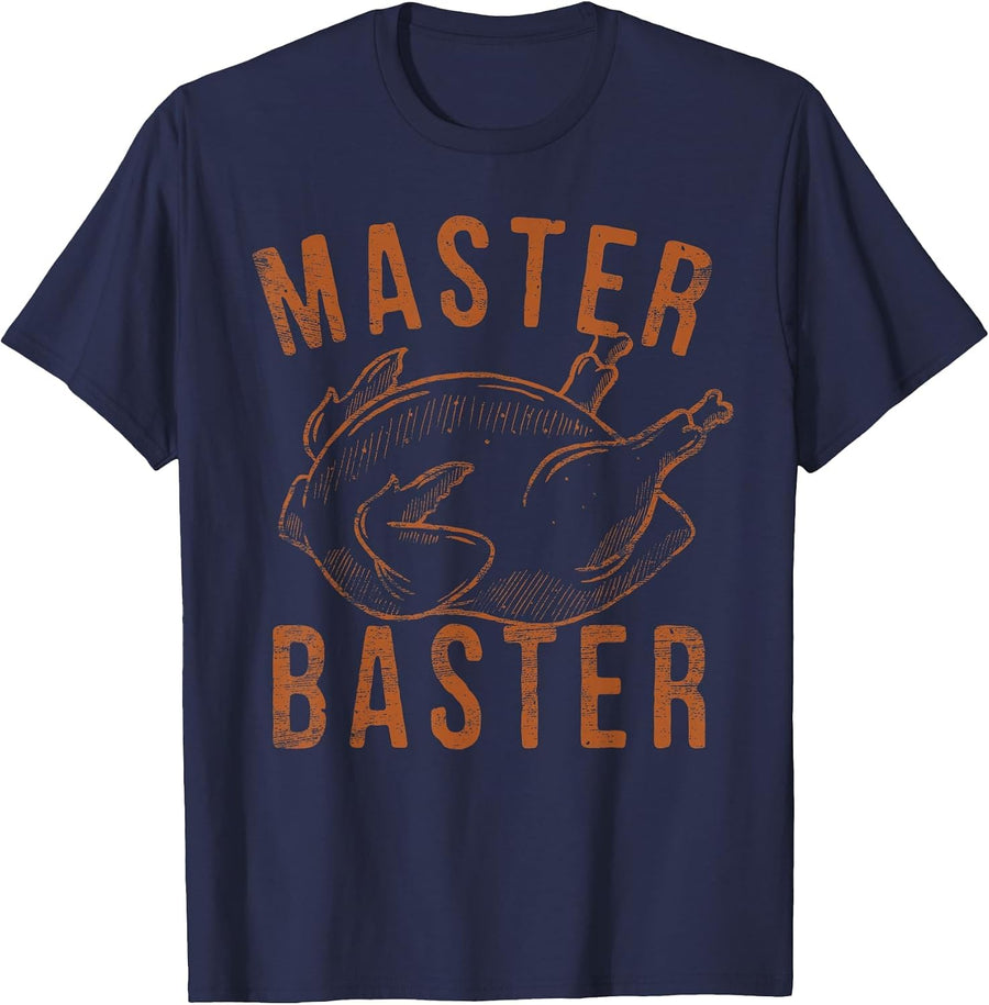 Master Baster Funny Turkey Print Happy Thanksgiving Day T-Shirt - Navy Blue