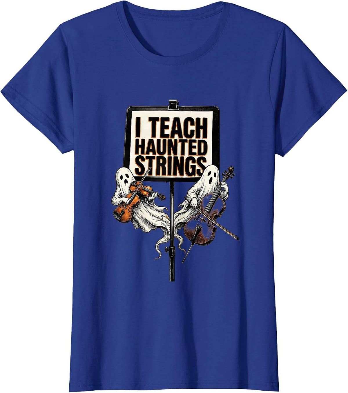 Women's I Teach Haunted Strings Funny Music Teacher Ghost Band T-Shirt - Royal Blue